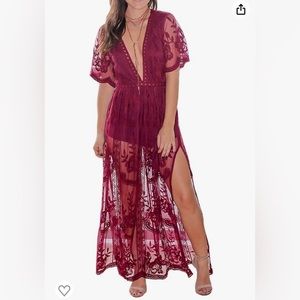 Wicky LS Women's Sexy Short Sleeve Long Dress Low V-Neck Lace Romper -size Large